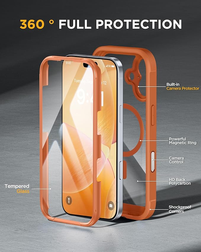 Miracase for iPhone 17 Case 6.3'', Full-Body Military Grade Drop Protection Outdoor Phone case with Built-in Glass Screen &Camera Control,Easy Installation,No Gap,Compatible with MagSafe, Orange