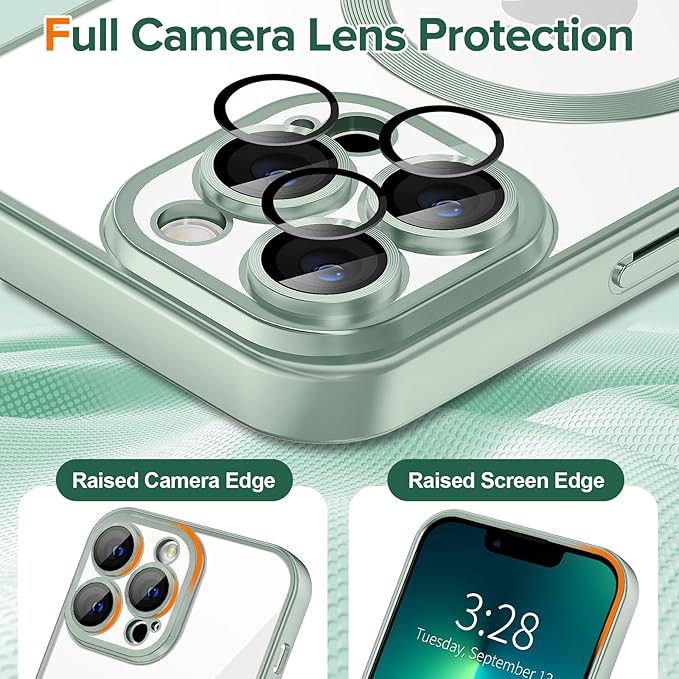 Hython Magnetic Clear for iPhone 13 Pro Max Case with Camera Lens Protector [Compatible with MagSafe] Plating Edge Slim Soft TPU Cover Protective Phone Case for iPhone 13 Pro Max 6.7", Matte Mint