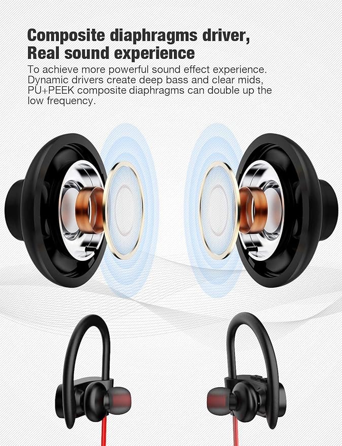 OTIUM Bluetooth Headphones,Wireless Earbuds IPX7 Waterproof Sports Earphones with Mic HD Stereo Sweatproof in-Ear Earbuds Gym Running Workout 15 Hour Battery Sound Isolation Headsets
