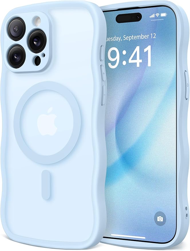 CAPRARO Cute for iPhone 15 Pro Case, Compatible with MagSafe, [Curly Wave Edge] [Full Camera Protection] [14 FT Drop Protection] Magnetic Phone Case for 15 Pro 6.1 Inch, Light Blue