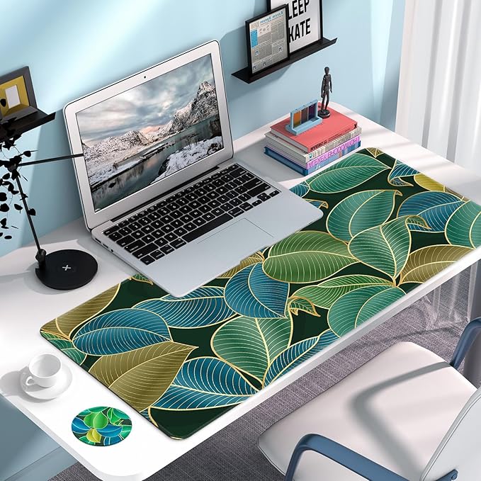 Large Gaming Mouse Pad with Coaster, Desk Matt for Desktop, Desk Pad, Mouse Pads Mat, Stitched Edges Big Extended Mousepad for Computer Keyboard Laptop Office Decor, 31.5'' x15.6''-Leaves 2