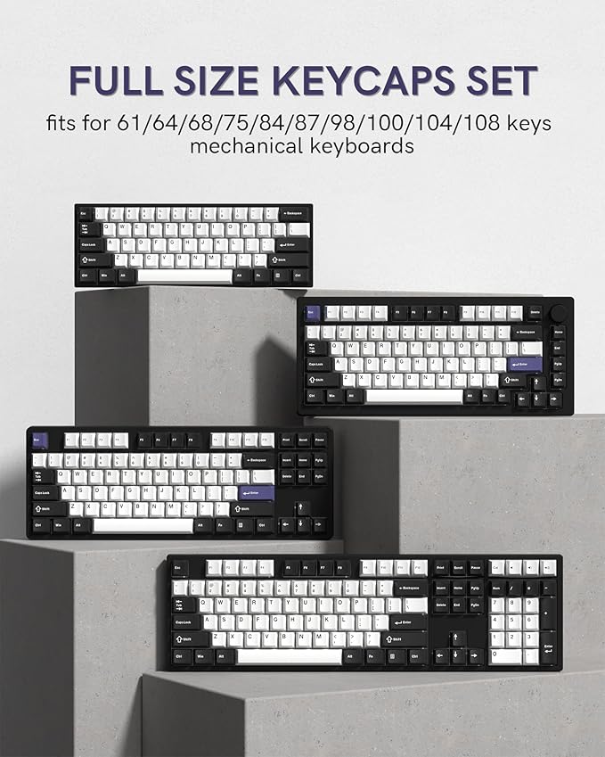 Womier Double Shot PBT Keycaps Set 138 Keys, Cherry Profile Custom Keycaps 60 65 75 100 Percent for 61/64/68/84/87/100/104/108 Retro Gaming Mechanical Keyboard (Black White2)
