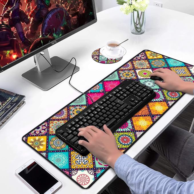 Desk Pad Mat Gaming Mouse Pads with Coasters Set, Stitched Edges Design Mouse Pad XXL Large Mouse Pad for Laptop Computers Flower Mandala Desk Writing Mat for Office & Home 31.5"x 11.8"