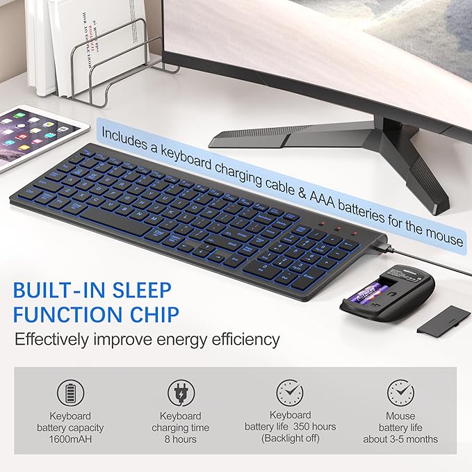 TopMate Wireless Keyboard and Mouse Ultra Slim Combo, 2.4G Silent Compact USB 2400DPI Mouse and Scissor Switch Backlit Keyboard Set, for PC/Laptop/Windows/Mac/Gaming - Matte Black