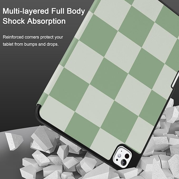 MEEgoodo Case for M5 iPad Pro 11 inch 2025/M4 iPad Pro 11 inch Case 2024, Tablet Cover with Trifold Stand & Pencil Holder & Auto Wake/Sleep & Soft TPU Back Cover, Green Checkered