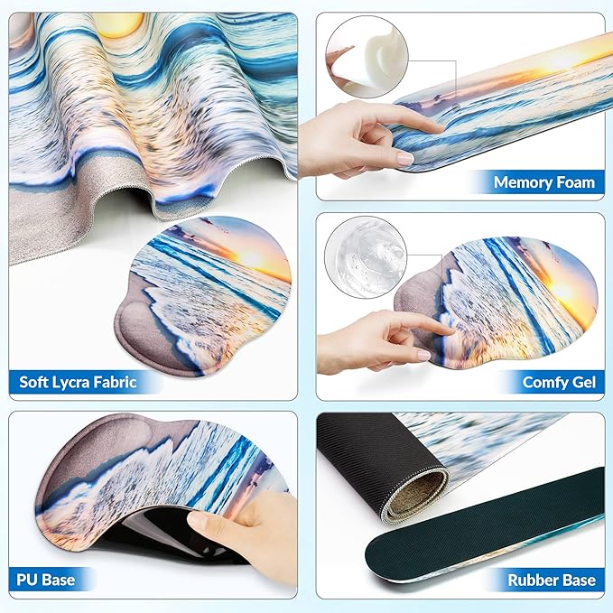 Desk Mat Set + Keyboard and Mouse Pad with Wrist Rest Support,4-in-1 Large Mousepad Computer Mats for Desktop Home & Office-Blue Sunset Beach