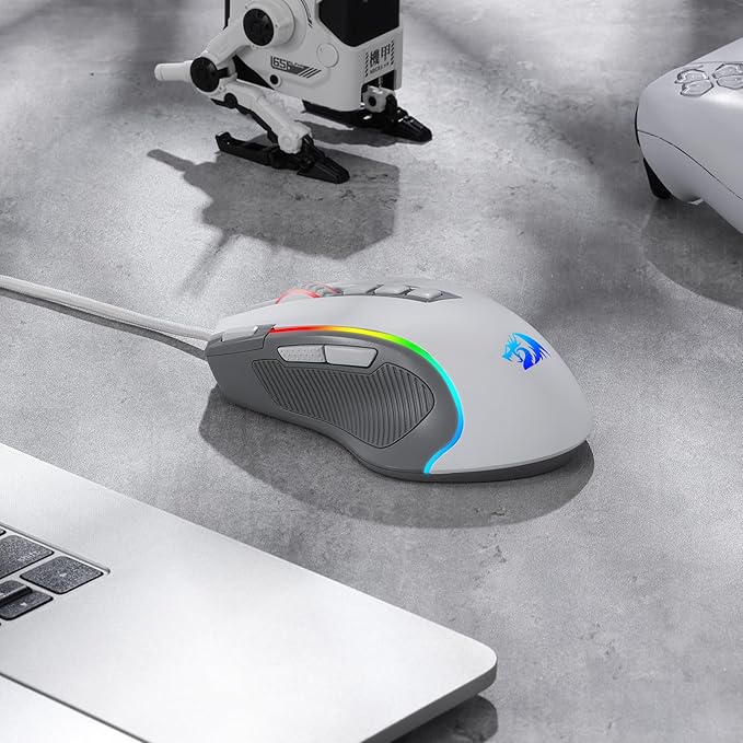 Redragon M612 RGB Gaming Mouse, 8000 DPI Wired Optical Mouse with 9 Programmable Buttons & 5 Backlit Modes, Software Supports DIY Keybinds Rapid Fire Button, Gray&White