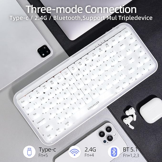CoolKiller Balloon 84 Low Profile Keyboard, Tri-Mode (Bluetooth/2.4GHz/USB-C), Hot-Swappable, White Backlit, Gasket Mount, White Mechanical Keyboard for Windows & Mac