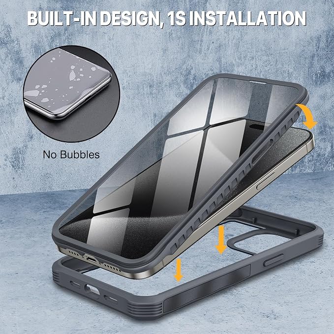 CENHUFO Privacy for iPhone 15 Pro Max Case, Full Body Phone Case with Built-in 9H Tempered Glass Privacy Screen Protector and Camera Lens Protector, Anti Peep Shockproof Bumper Clear Cover - Grey