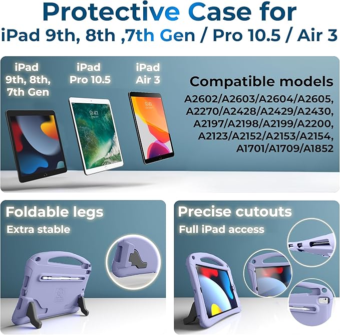 Bam Bino Space Suit iPad 9th Generation Case Kids, iPad 8th/7th/10.2 inch iPad Case for Kids | Lightweight Cover with Screen Protector, Handle, Stand, Shoulder Strap, Pencil Holder (Nebula Violet)