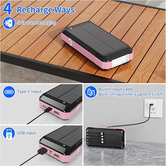Solar Power Bank 49800mAh, Portable Charger with Built-in 4 Cables, 22.5W Fast Charging Solar Panel Charger for Traveling, Camping and Emergency(Pink)