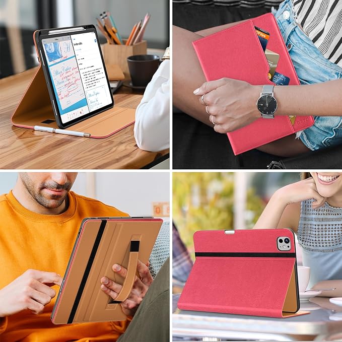 DTTO for iPad Pro 13 inch Case (M5/M4) 2025/2024, Premium Leather Business Folio Stand Cover with Pencil Holder-Auto Wake/Sleep & Multiple Viewing Angles, Built in Hand Strap & Pocket, Watermelon red