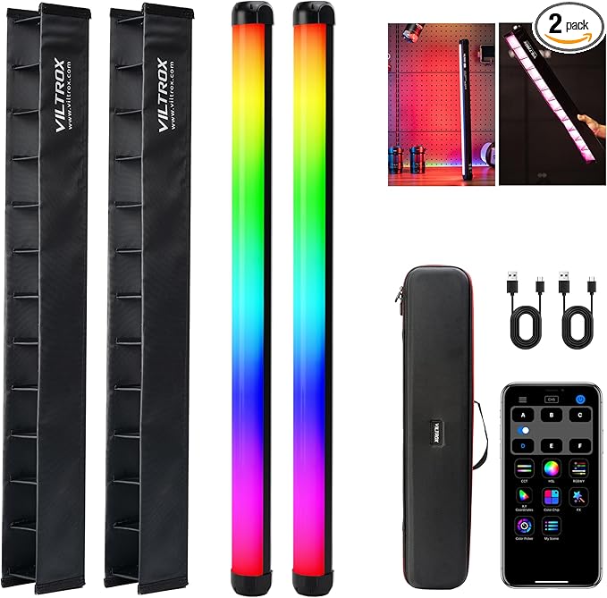 VILTROX K60 2 Pack RGB LED Video Light Stick with APP Control, Handheld 360° RGB Tube Light Wand for Photography, 2500K-8500K Dimmable, CRI97+,26 Light Scenes, LCD Display, 2200mAh Battery