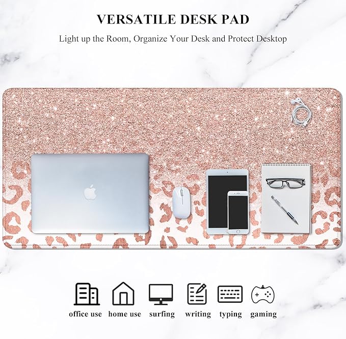 Auhoahsil Large Mouse Pad, XXL Desk Pad, Extened Mousepad 31.5" x 11.8", Non-Slip Rubber Base, Stitched Edges, Superior Surface, Gaming Keyboard Mat, Waterproof Desk Pad, Pink Gold Leopard