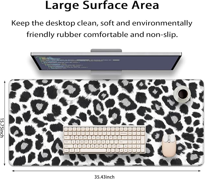 35.4 x 15.7 in, XXL Large Mouse Pad for Desk, Extended Keyboard Mouse Mat for Computer Office, Big Mouse pad with Stitched Edges, Gaming Pc-Black and White Leopard Print