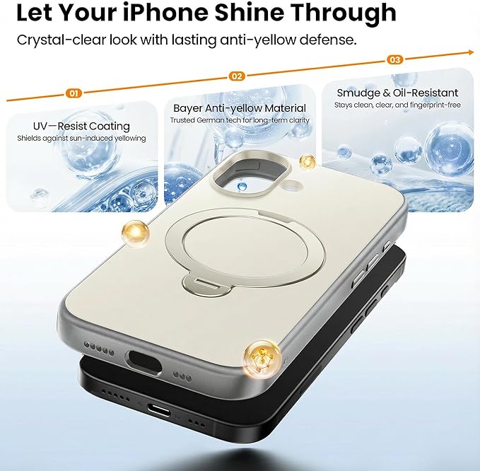 360°Ring Stand for iPhone 17 Case, Compatible with MagSafe, Military-Grade Protective,Anti-Yellowing, Scratch-Resistant Back Cover Phone Case for iPhone 17 6.3", White