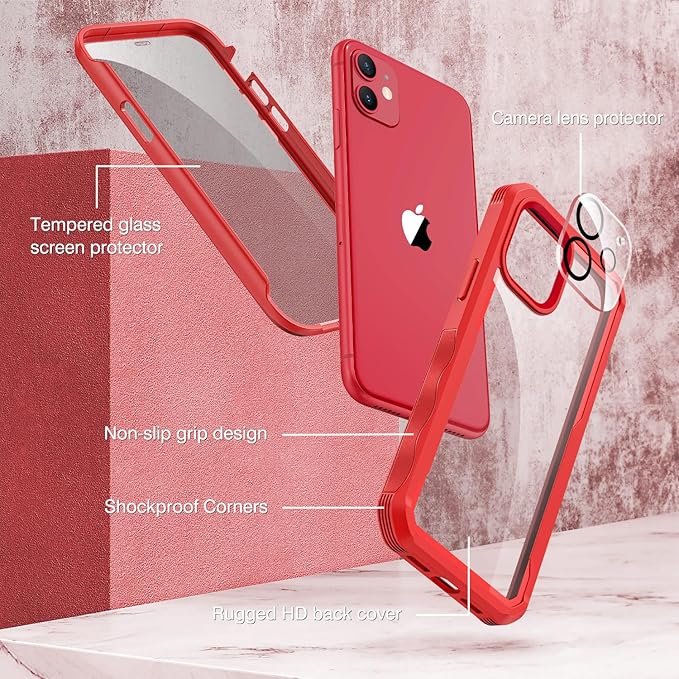 CENHUFO Privacy for iPhone 11 Case, Full Body Phone Case with Built-in 9H Tempered Glass Privacy Screen Protector and Camera Lens Protector, Anti Peep Spy Shockproof Bumper Clear Cover - Red
