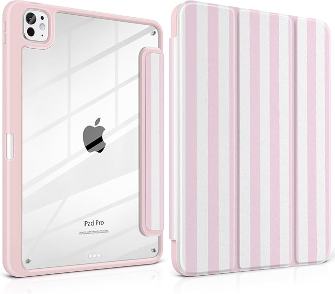 Case for iPad Pro 11 inch (M5) 2025 (M4) 2024 Release with Pencil Holder -Cute Pink White Striped Trifold Cover with Clear Back Auto Sleep/Wake, Aesthetic Soft Protective Skin for Girls Women