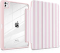 Case for iPad Pro 11 inch (M5) 2025 (M4) 2024 Release with Pencil Holder -Cute Pink White Striped Trifold Cover with Clear Back Auto Sleep/Wake, Aesthetic Soft Protective Skin for Girls Women