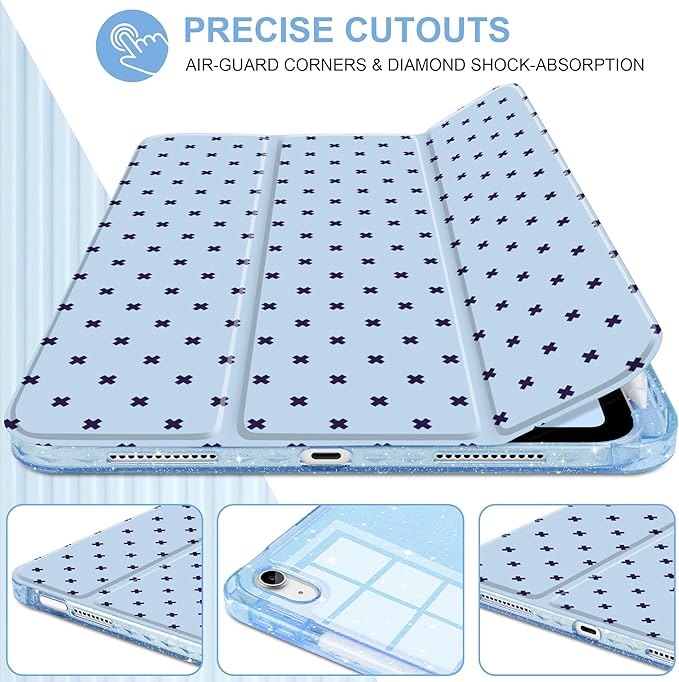 DONGKE for iPad Pro 11 inch Case – Fits M5 2025 / M4 2024, Shockproof Sparkling Glitter Acrylic Back, Pencil Holder, Trifold Stand, Auto Sleep/Wake & Touch ID Support - Blue Cross Dot