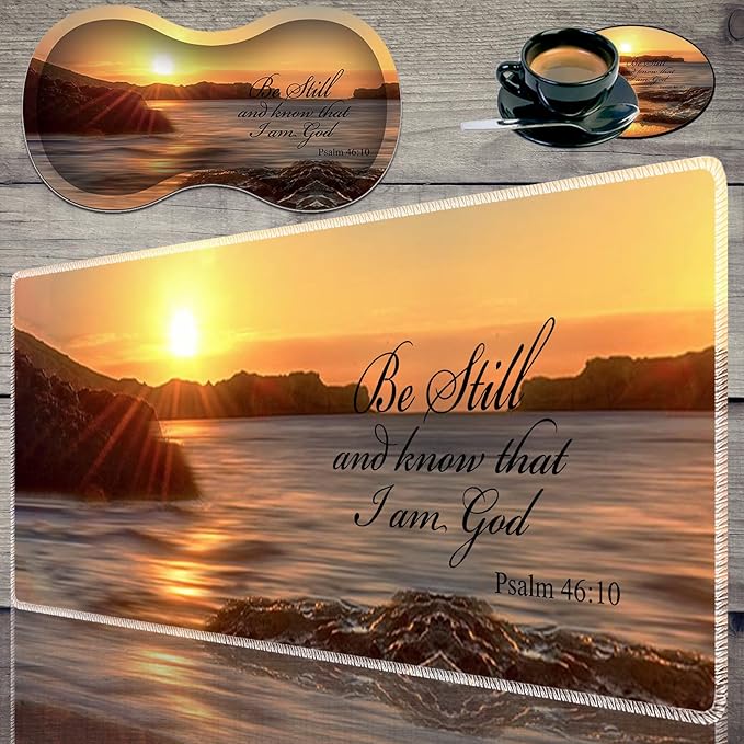 Durable Desk Mat + Wrist Rest Pad + Coasters Set, Large Gaming Office Mouse Pad 31.5 "x 11.8", Extended Non-Slip Rubber Keyboard Pad, Laptop & Home, Sunset Beach