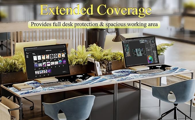 Gaming Laptop Mouse Pad,Sea Wave Big Mice Pads PC Keyboard Waterproof and Non-Slip 47.2" x 23.6" 0.15" Thick XL,XXL Rubber Table Mat, Kanagawa Surfing and Black Japanese Mouse Pads
