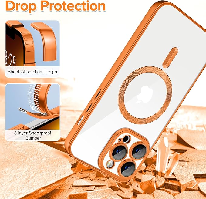 Hython Magnetic Clear for iPhone 13 Pro Case with Camera Lens Protector [Compatible with MagSafe] Luxury Plating Edge Slim Soft TPU Cover Protective Phone Case for iPhone 13 Pro 6.1", Matte Orange