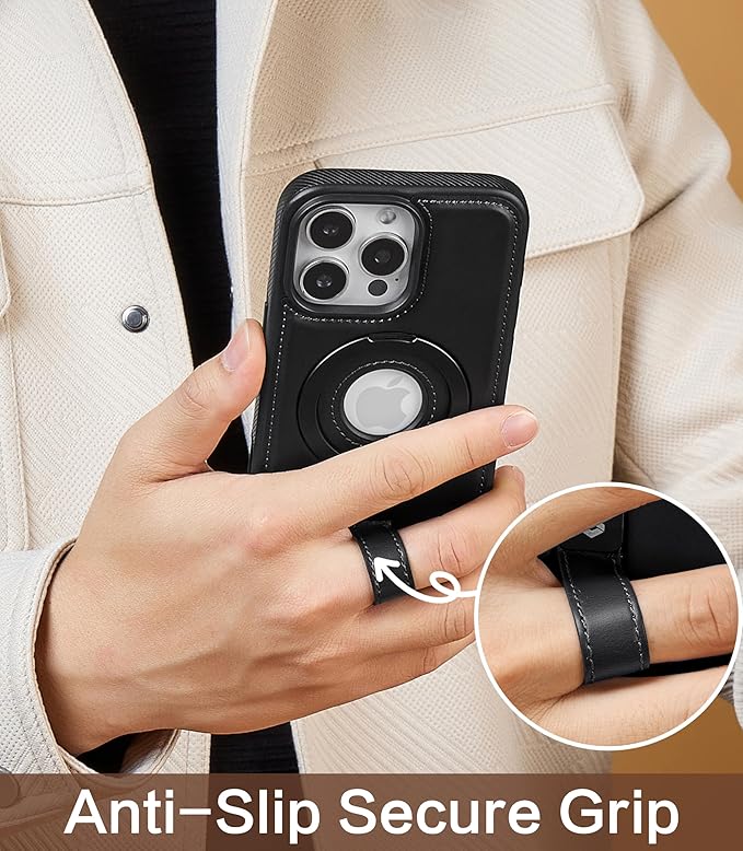 Butaiga for iPhone 16 Pro Leather Case with Stand, Anti-Slip Grip Ring, Fits for MagSafe (Black, iPhone 16 Pro)