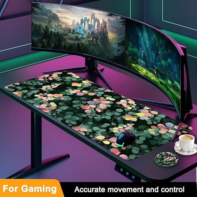 Large Gaming Mouse Pad with Coaster, Desk Matt for Desktop, Desk Pad, Mouse Pads Mat, Stitched Edges Big Extended Mousepad for Computer Keyboard Laptop Office Decor, 31.5'' x15.6''-Eucalyptus