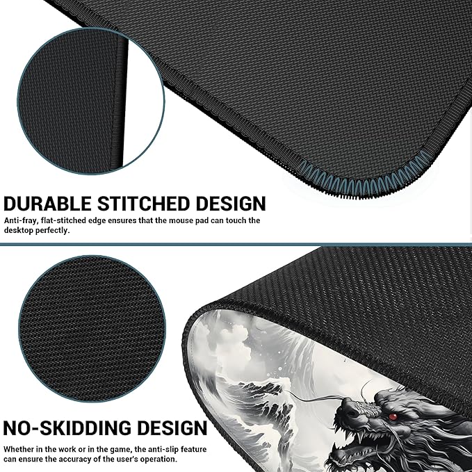 ProbTis Black and White Dragon Mouse Pad, Large Japanese Desk Mat, XXL Anime Gaming Keyboard Mat, Oriental Decor, Big Extended Desk Protector for Home Office, 35.4"x15.7" (Dragon BW)