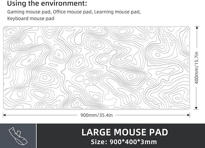 Rinaze Extra Large Gaming Mouse Pad with White Topographic, XXL Mousepad, Big Mouse Mat Desk Pad, Non Slip Keyboard Pad for Gaming Computer Laptop PC Office Desk Accessories