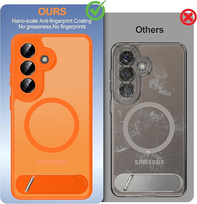 Magnetic for Samsung Galaxy S26 Case, [Compatible with MagSafe][Full Camera Protection][Built-in Invisible Kickstand] Translucent Matte Phone Case for S26 6.3" - Orange