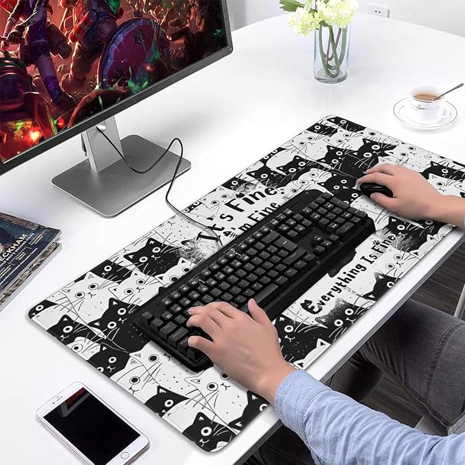 Funny Cat Mouse Pad Gaming, Large Mouse Pads for Desk, Extended Mousepad with Non-Slip Rubber Base Stitched Edge, Black Cat Mousepad Keyboard Mat for Desk Gaming Home Office, 31.5" x 11.8"