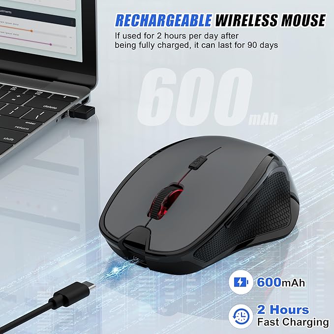 Bluetooth Wireless Laptop Mouse for MacBook Air Pro iPad Mac, Ergonomic Rechargeable Mouse with Jiggler Mode, 2 Mode Bluetooth & 2.4G USB-A/USB-C Receiver, Silent Optical Computer Mice, Grey