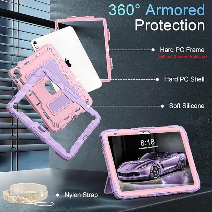 for iPad (A16) 11th/10th Generation 2025/2022 iPad Case 10th Generation with Shoulder Strap/Pencil Holder,Heavy Duty Shockproof Cover for i Pad 11th/10th Gen,Purple Rosegold