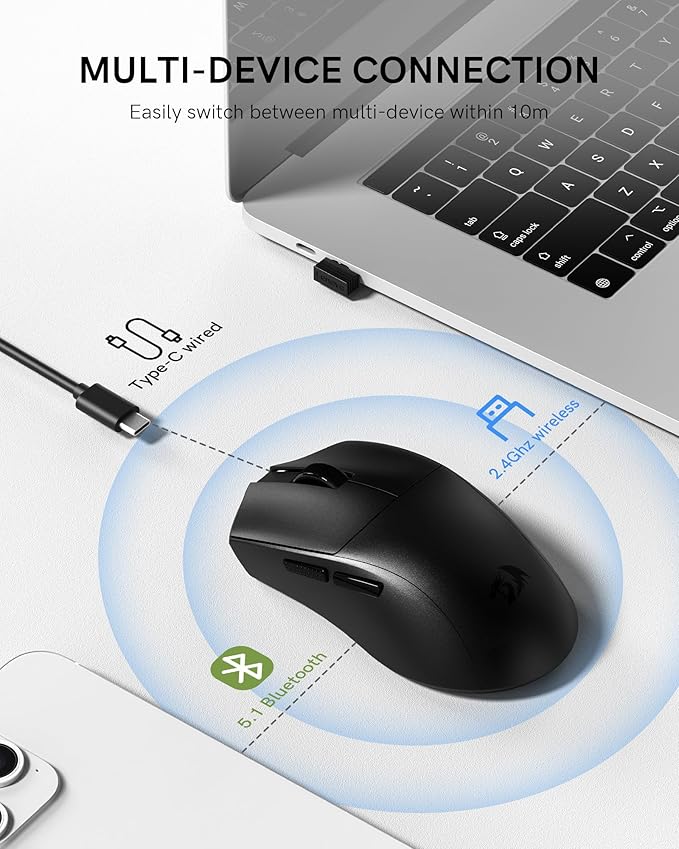 Redragon Wireless Gaming Mouse, 54G Lightweight, Tri-Mode 2.4G/USB C Wired/Bluetooth, Black PC Gaming Mice for Computer Laptop Mac Windows, Max 128000 DPI, 1K Polling, 6 Programmable Buttons, M821