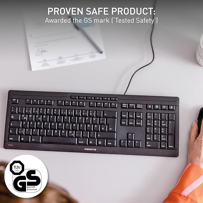 Cherry Stream Keyboard, Wired Keyboard for PC/Laptop, Whisper Quiet Silent Keys, Unique Typing Feel, Slim Design, SX Scissor Switches, USB-A, QWERTY, Black