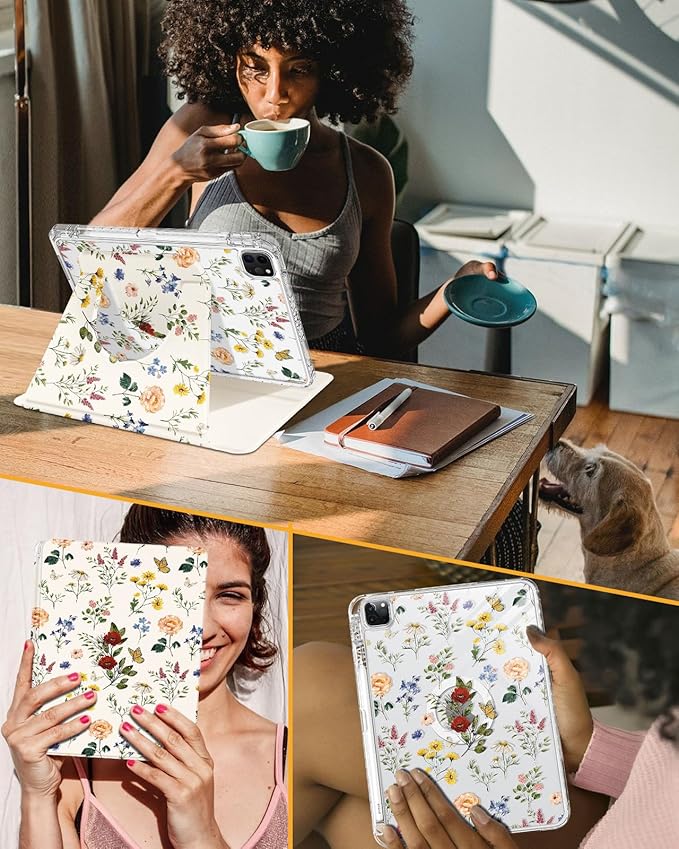 Shorogyt for iPad Air 13 Inch (M4) 2026/ M3 2025 & M2 2024 /for i Pad Pro 12.9 inch (3/4/5/6th Gen) for Magnetic Stand for Women - Cute 360 Rotating Covers Girls with Pencil Holder, Retro Flower