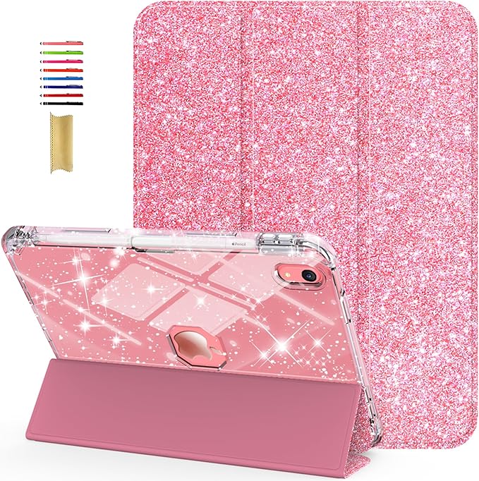 Glitter Case for iPad (A16) 11th Generation 11 Inch (2025), iPad 10th Generation 10.9 Inch (2022), Slim Fit Trifold Stand Auto Sleep Wake Not-Yellowing Clear Back Cover with Pencil Holder,Pink
