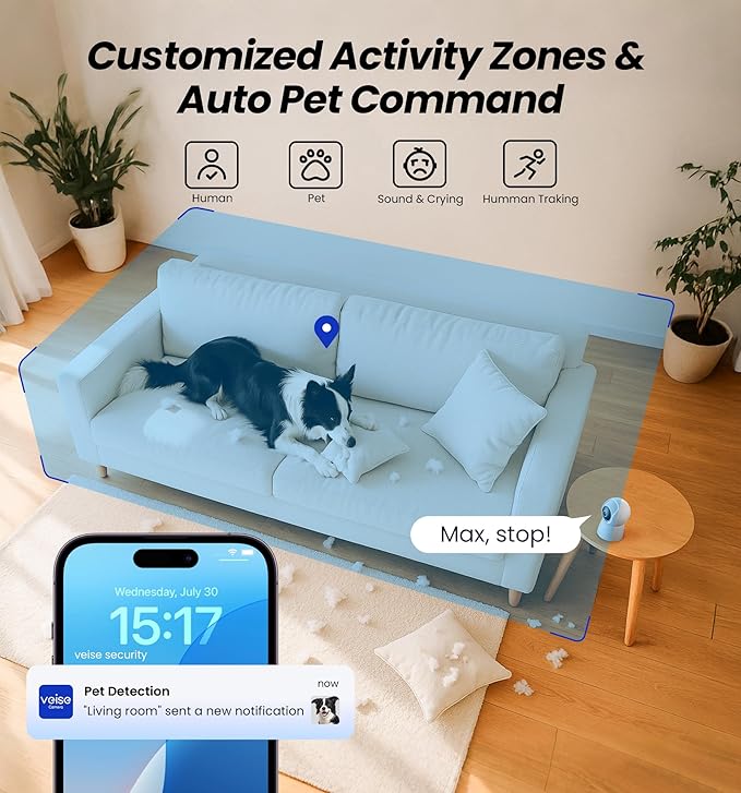 Veise 2K Indoor Camera for Home Security, 360° Wireless WiFi Pet & Baby Monitor with Phone App, AI Motion Detection, 2-Way Audio, Night Vision, SD/Cloud Storage, Works with Alexa & Google Home, 2.4GHz