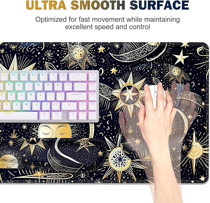 Gaming Mouse Pad, Large Desk Mat, Cute Desk Pad Protector, 4in1 XXL Mousepad + Keyboard Wrist Rest+Mouse Wrist Rest+Coaster Set with Ergonomic Desk Pad for Home Office PC Computer, Stars and Moon