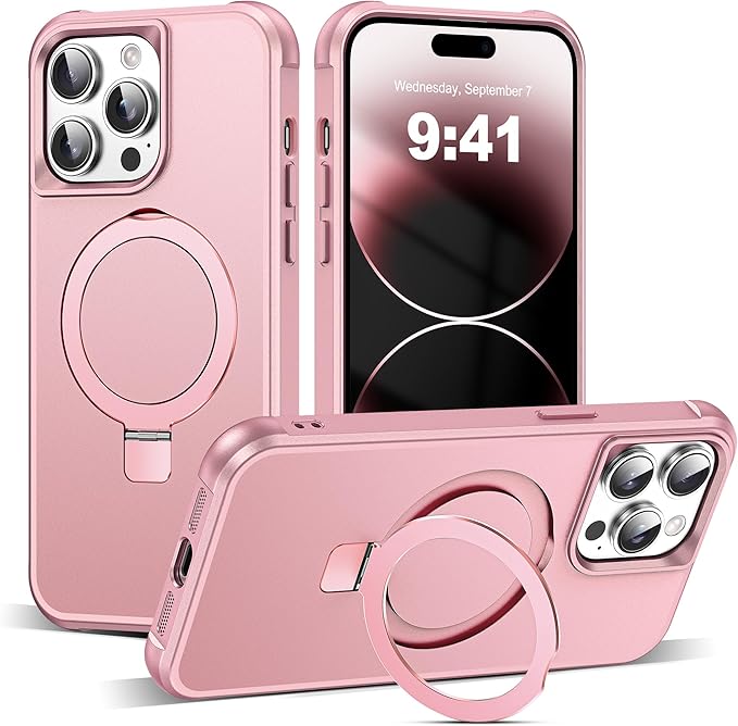 SKYLMW Compatible with iPhone 14 Pro Max Case with Invisible Magnetic O-Ring Stand Military-Grade Case for iPhone 14 ProMax 6.7" [Compatible with Mag-Safe][Great Grip Feeling], Rose Gold