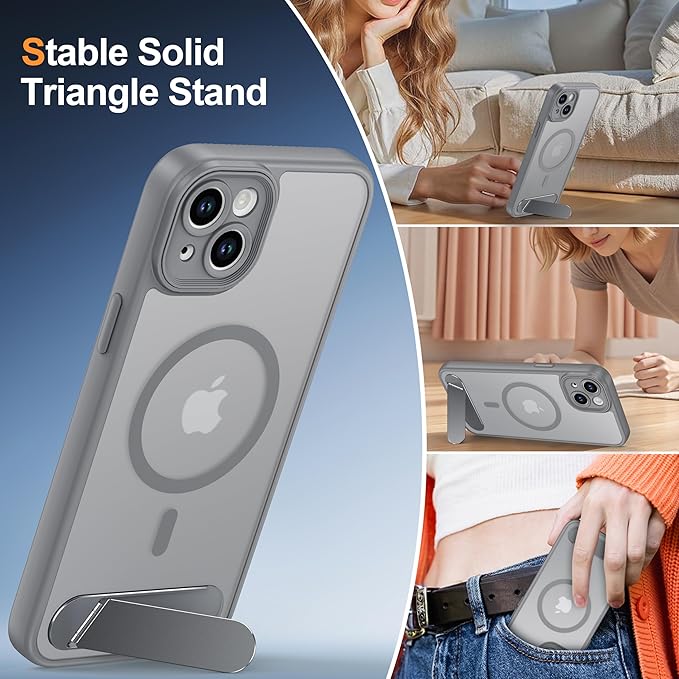 Magnetic Compatible with iPhone 15 Plus Case, [Built-in Kickstand][Full Camera Protection][Compatible with MagSafe][Anti-Fingerprint] Shockproof Phone Case for iPhone 15 Plus 6.7",Gray