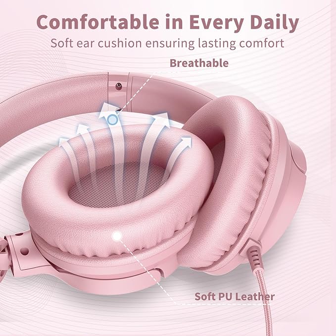 Botesty Sound Wired Headphones with Microphone, Over Ear 3.5mm Plug in Headphones with 4.9ft Tangle-Free Nylon Cord for Tablet, Laptop, MP3/4, School, Airplane Travel (Pink)