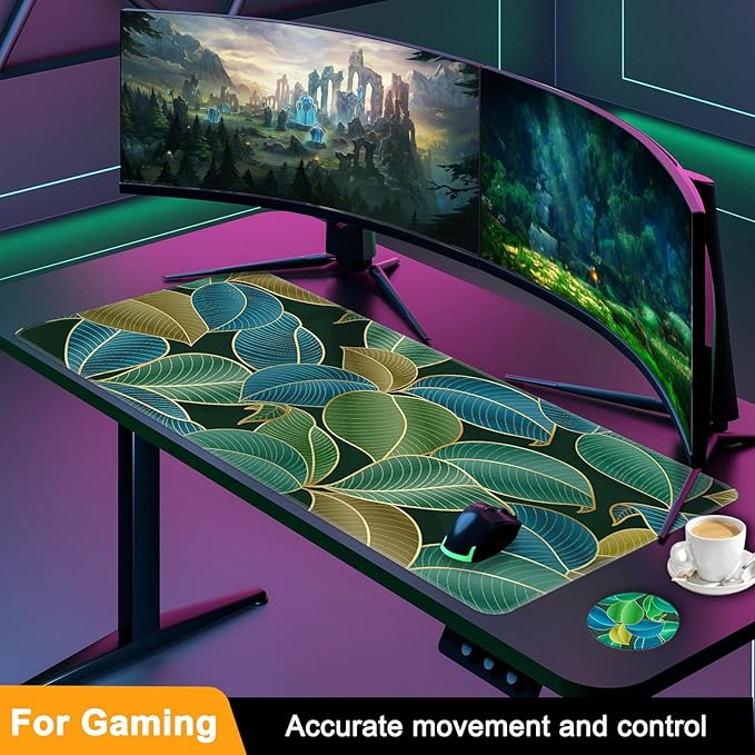 Large Gaming Mouse Pad with Coaster, Desk Matt for Desktop, Desk Pad, Mouse Pads Mat, Stitched Edges Big Extended Mousepad for Computer Keyboard Laptop Office Decor, 31.5'' x15.6''-Leaves 2