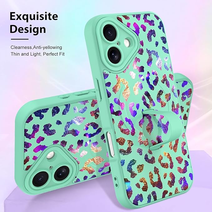 KANGHAR Compatible with iPhone 17 Case, Support for MagSafe, Silicone Cute Iridescent Leopard Cheetah Pattern, Wristband Kickstand Shockproof Protective Slim Cover for Women Girls, Green