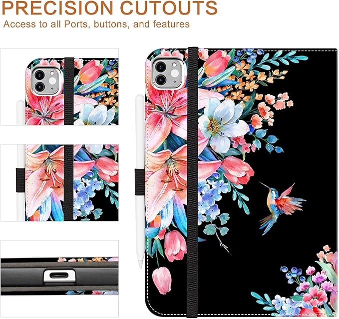 Vimorco for iPad Air M4/M3/M2 11 Inch Case 2026,for iPad Air 5th/4th Gen Cases,for iPad Pro 11 Inch Case 4th/3rd/2nd/1st Generation 360 Degree Rotating Pencil Holder 5 Viewing Angles,Black Flower Bird