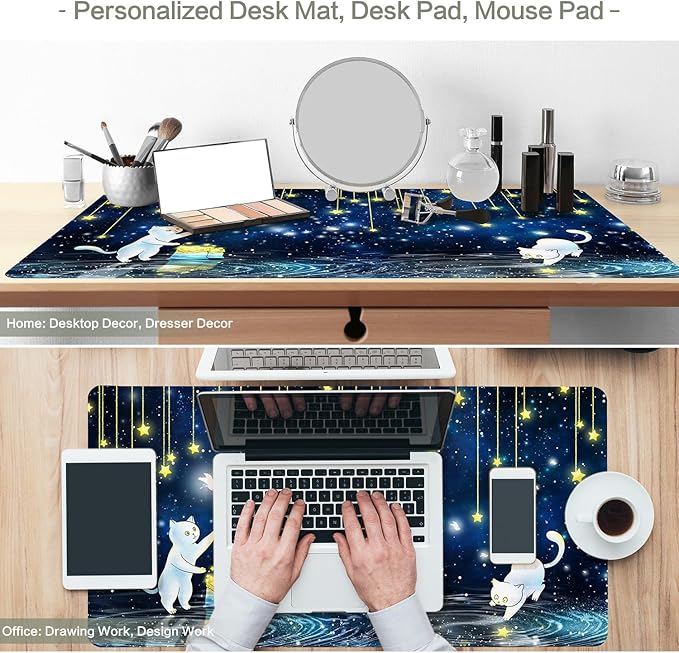 Cat Mouse Pad Desk Mat, Picking Star Cats Gaming Mouse Pad Blue Starry Sky Desk Pad Mousepad XXL Extended Keyboard Mat Mouse Mats, Waterproof, Computer Accessories, Gaming Room Decor, Magic Gift