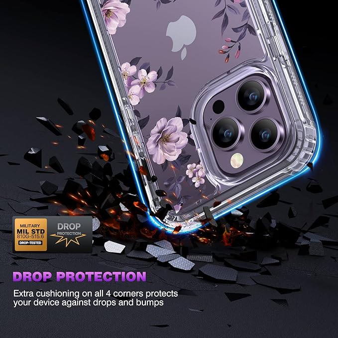 Diaclara Designed for iPhone 14 Pro Max Case 6.7’’, Full Body Rugged Phone Case w/Built-in Sensitive Anti-Scratch Screen Protector+9H Tempered Glass Camera Lens Protector(Clear Flower)