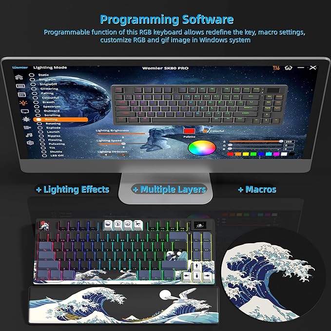Womier 75% Wireless Mechanical Keyboard with Color Multimedia Screen Anime Gaming Creamy Keyboard, 3-Modes Hot Swappable Kanagawa Theme Key Board w/Wrist Rest, Gasket RGB Custom for Mac/Win (SK80 PRO)